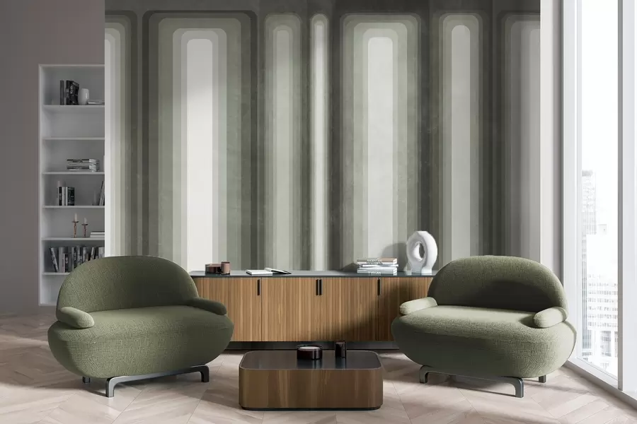 wall murals Textured abstract vertical rounded rectangles in muted tones of green w09905v2