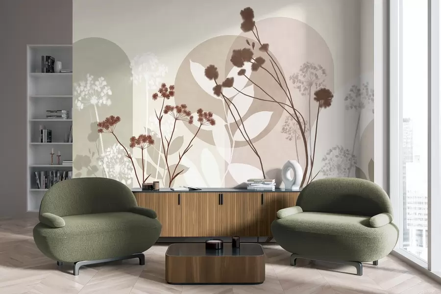 wall murals Botanical and minimalist composition of dried flowers and leaves with abstract geometry w09906v1