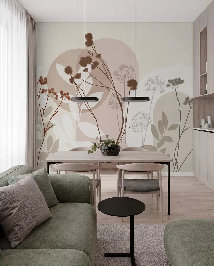 wall murals Botanical and minimalist composition of dried flowers and leaves with abstract geometry w09906v1