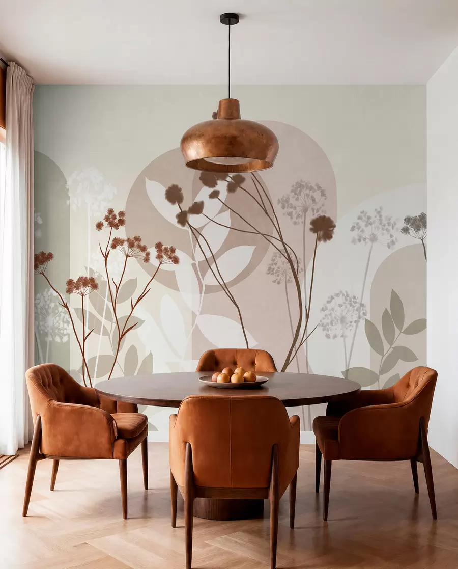 wall murals Botanical and minimalist composition of dried flowers and leaves with abstract geometry w09906v1
