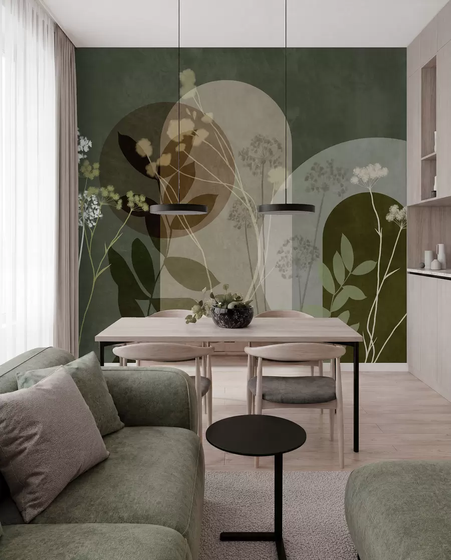 wall murals Botanical and minimalist composition of dried flowers and leaves with abstract geometry w09906v2