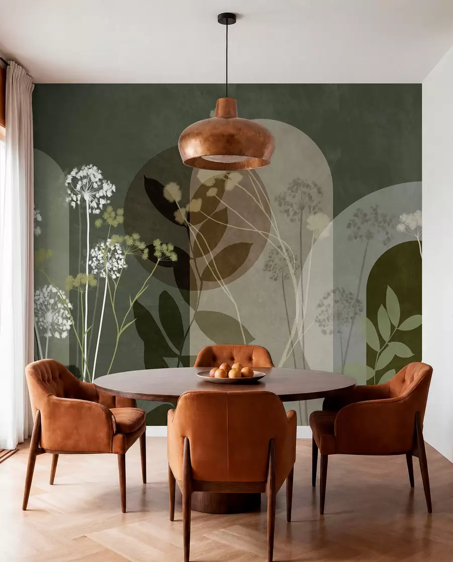 wall murals Botanical and minimalist composition of dried flowers and leaves with abstract geometry w09906v2
