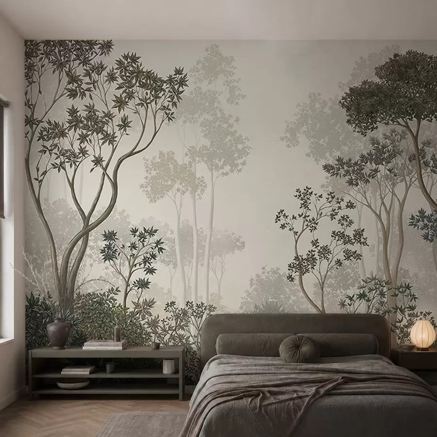 wall murals Misty forest with trees and a calm waterway w05700
