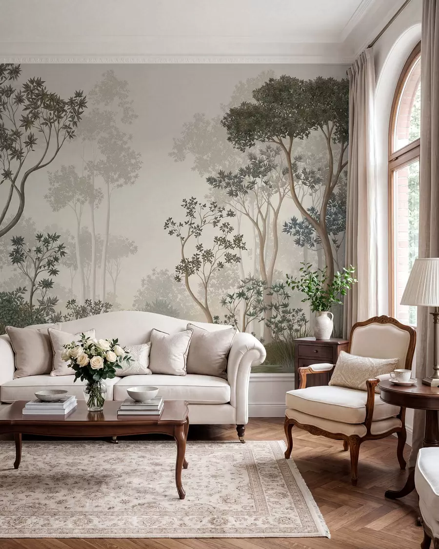 wall murals Misty forest with trees and a calm waterway w05700