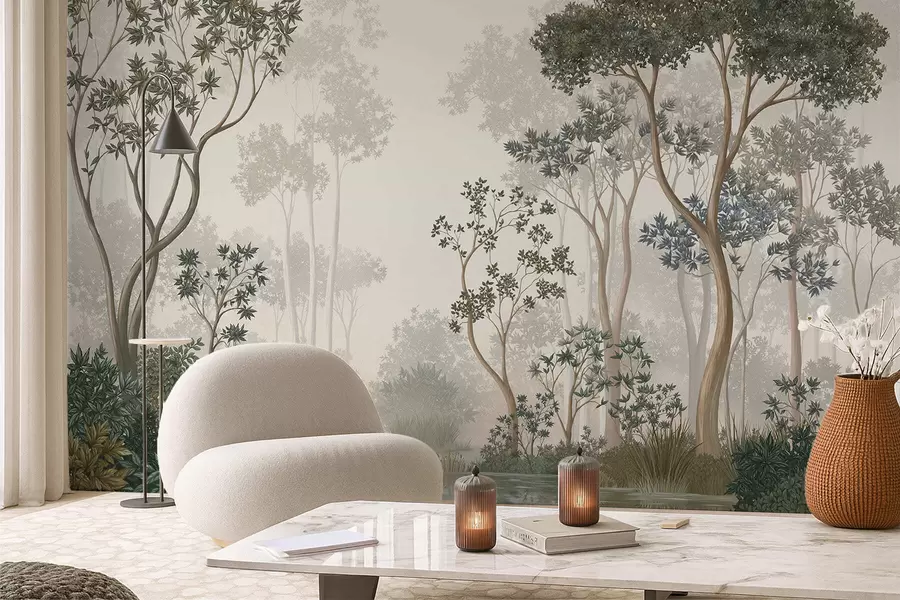 wall murals Misty forest with trees and a calm waterway w05700
