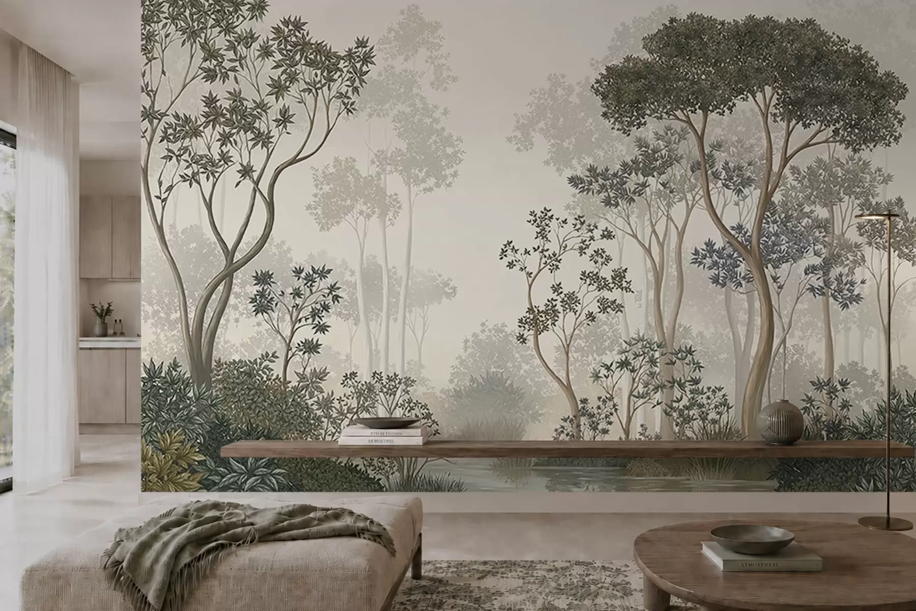 wall murals Misty forest with trees and a calm waterway w05700