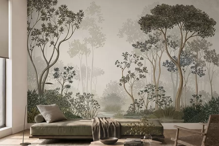 wall murals Misty forest with trees and a calm waterway w05700
