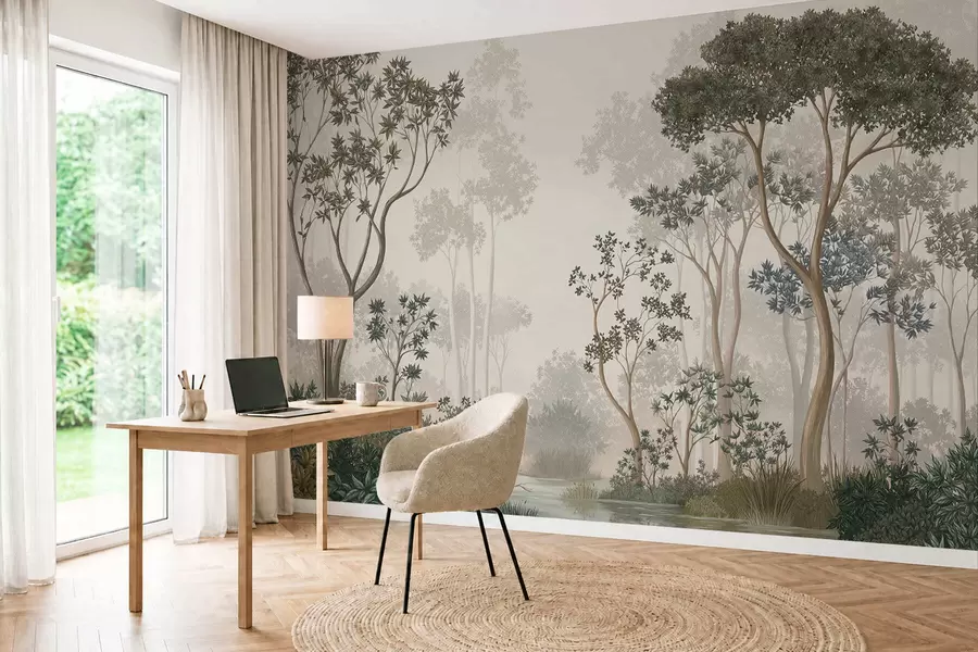 wall murals Misty forest with trees and a calm waterway w05700