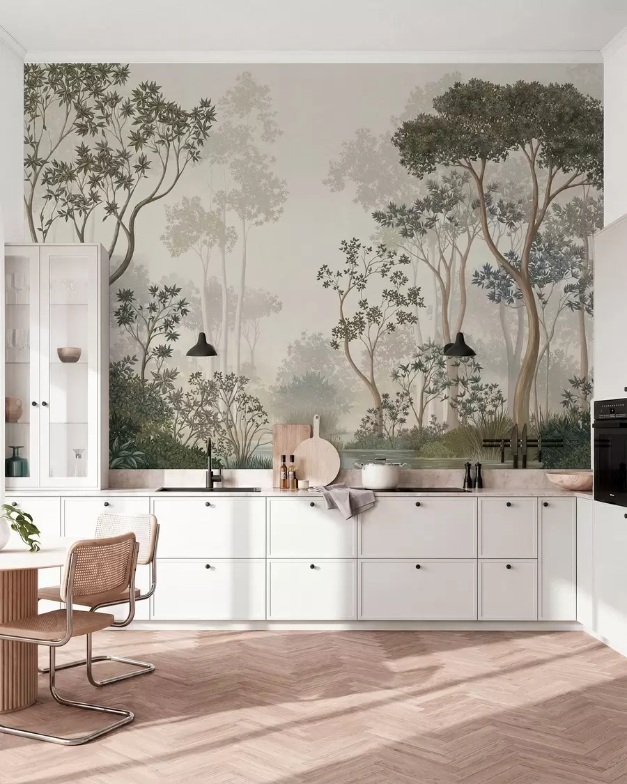 wall murals Misty forest with trees and a calm waterway w05700