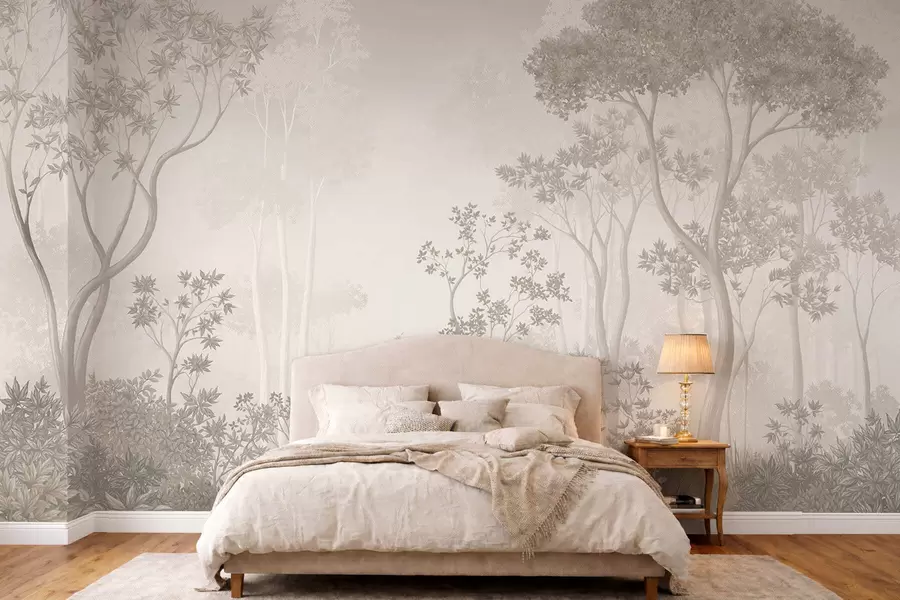 wall murals Light misty forest in soft neutral tones w05700v1