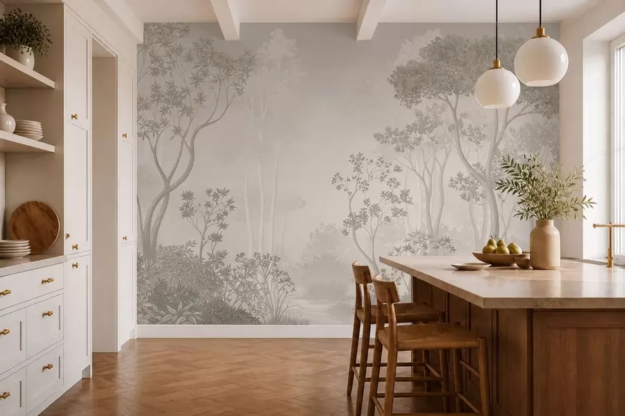 wall murals Light misty forest in soft neutral tones w05700v1