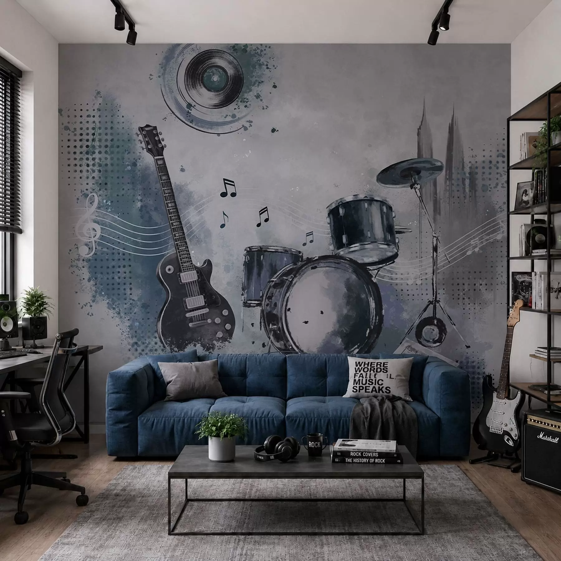 wall murals Guitar and drum set with musical notes w05546
