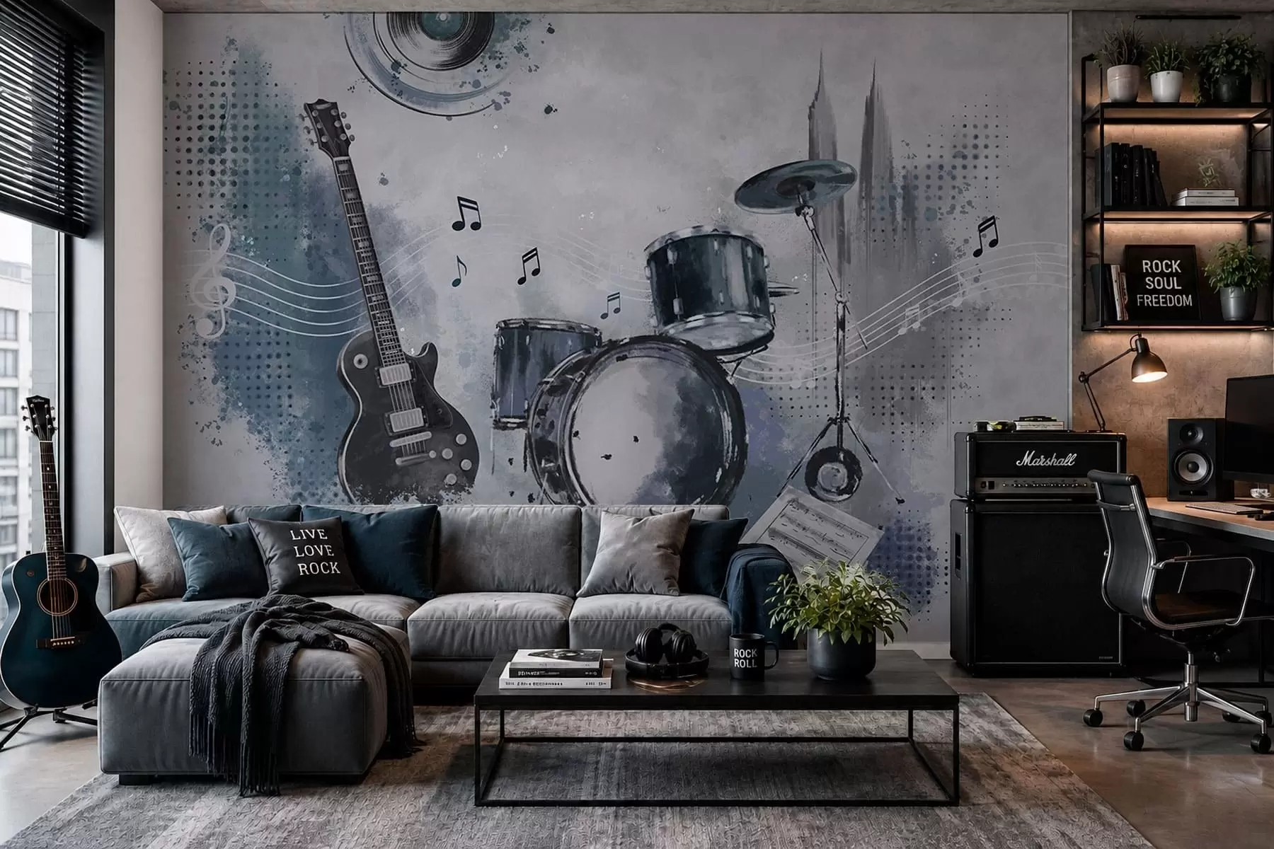 wall murals Guitar and drum set with musical notes w05546