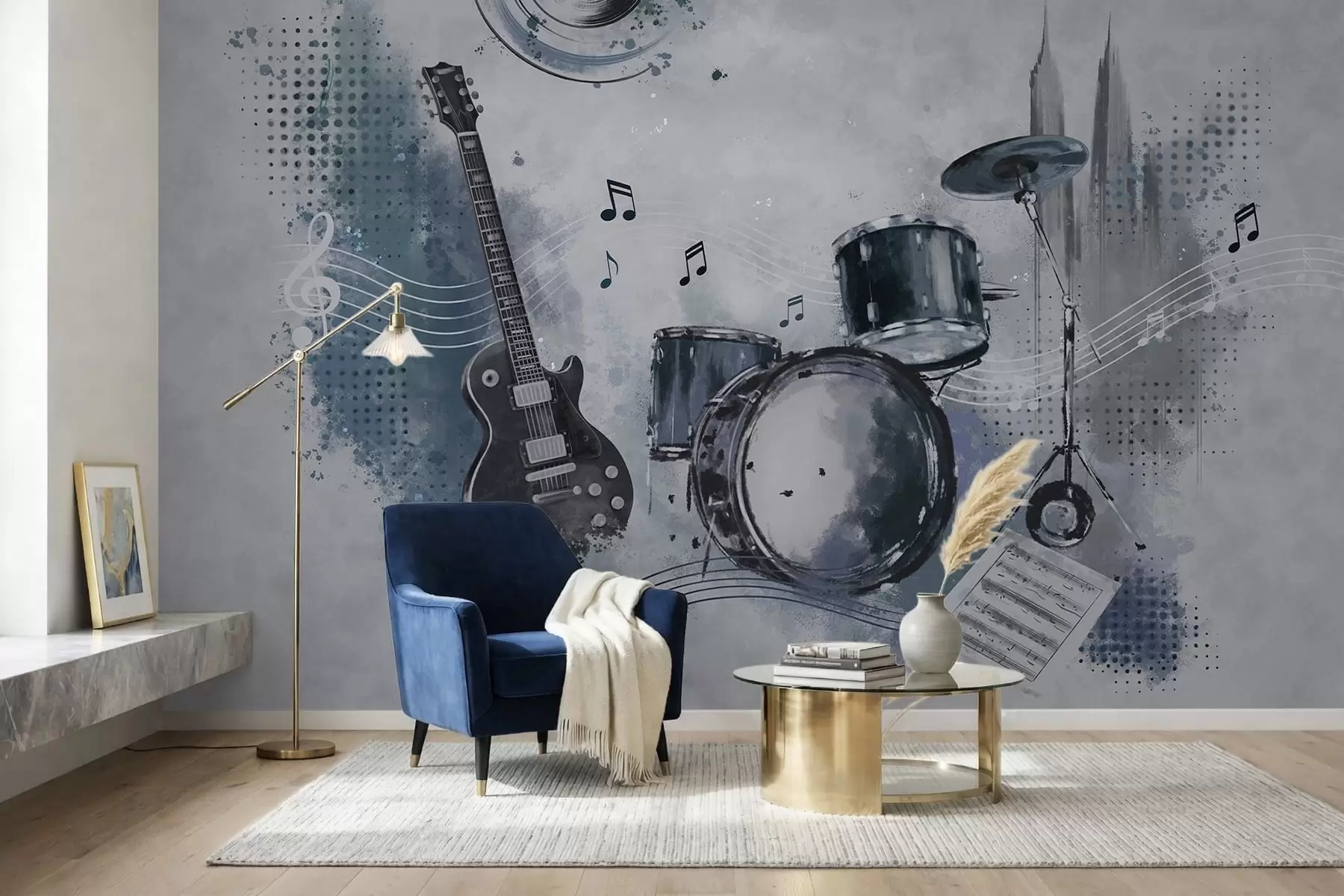 wall murals Guitar and drum set with musical notes w05546