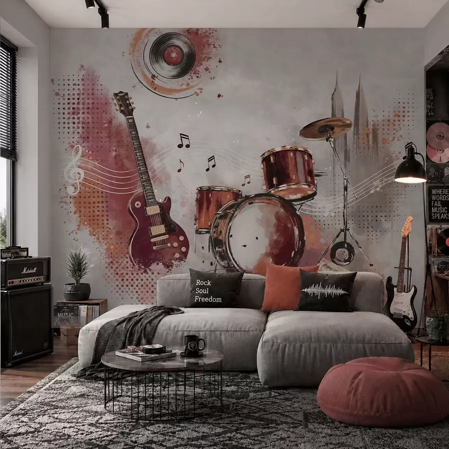 wall murals Musical instruments in warm burgundy tones w05546v1