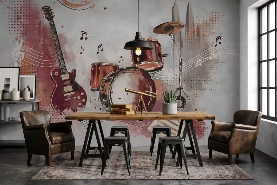 wall murals Musical instruments in warm burgundy tones w05546v1