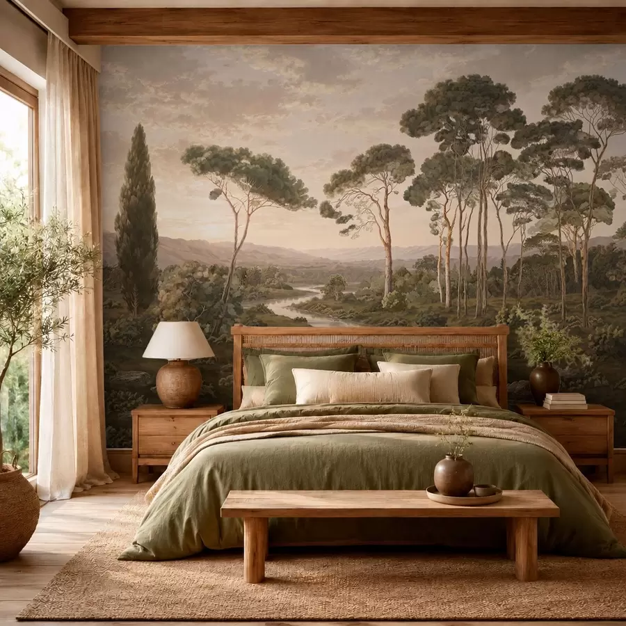 wall murals Landscape with river, trees and distant hills w05696