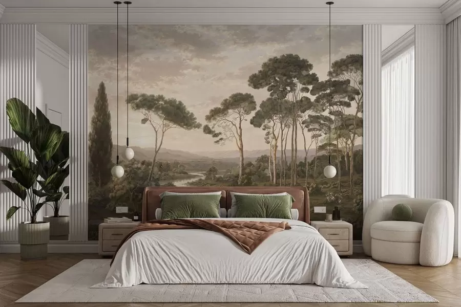 wall murals Landscape with river, trees and distant hills w05696