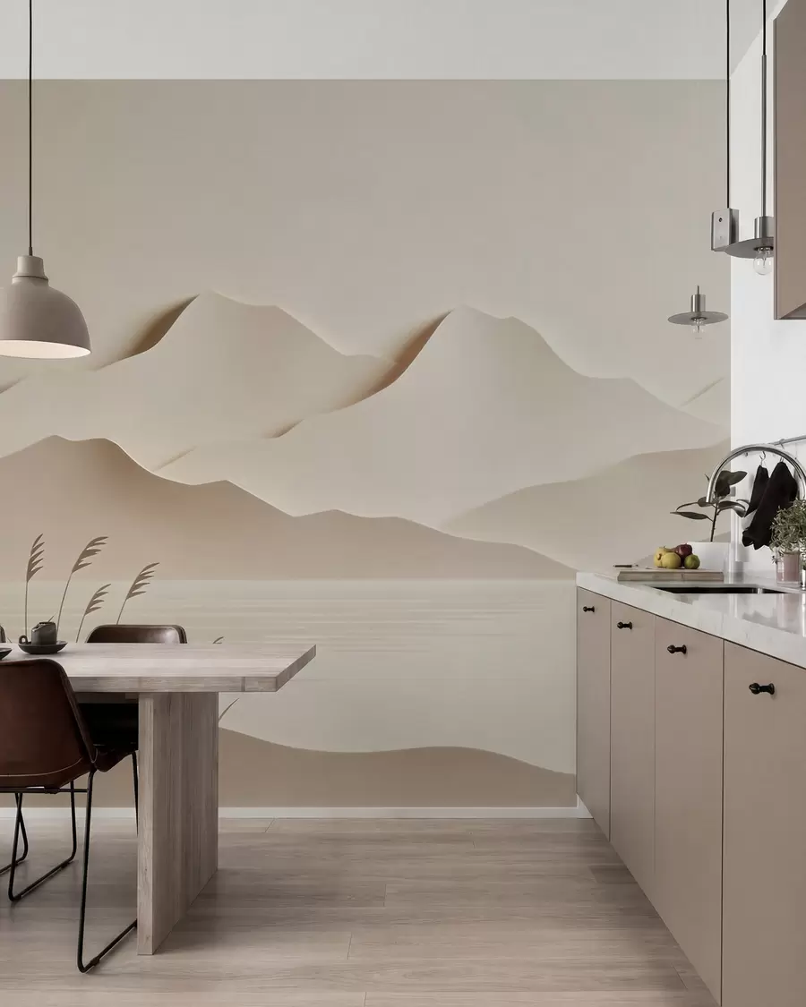 wall murals Layered mountain landscape over a tranquil lake in a warm beige palette w09876