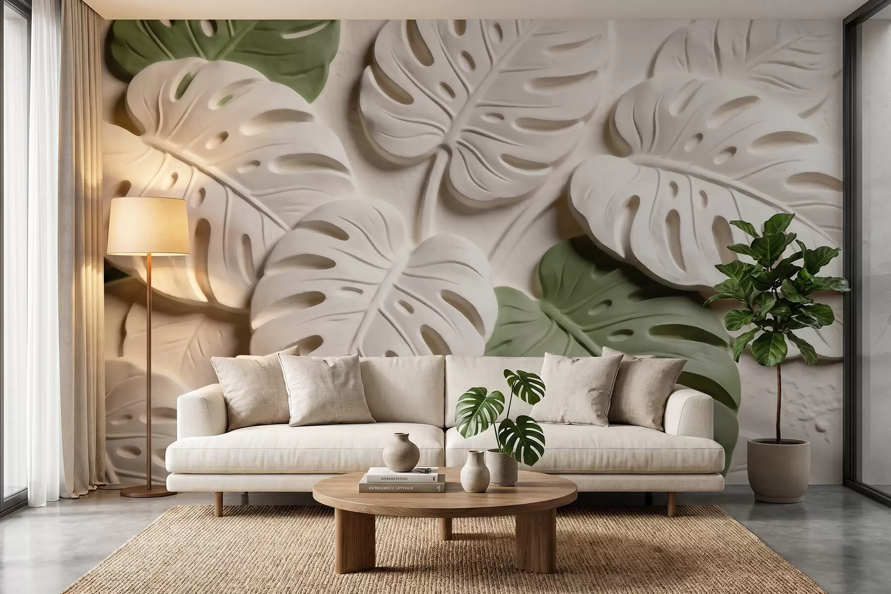 wall murals Embossed botanical monstera leaves in cream and green tones w09883