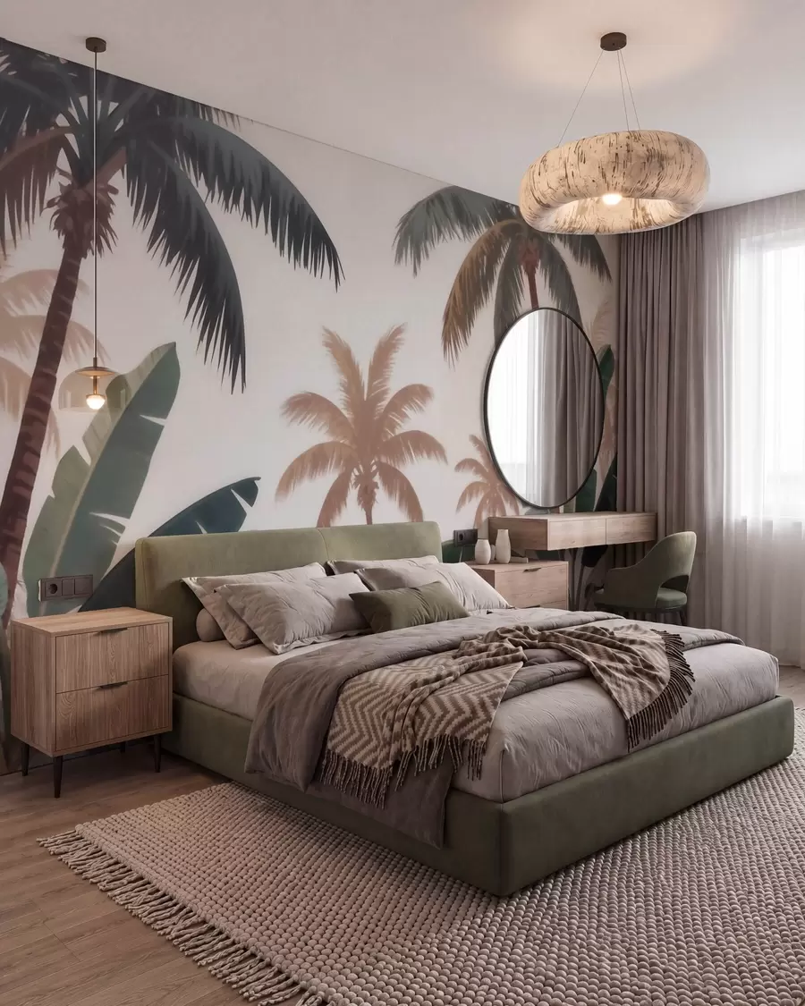 wall murals Tropical palm trees in a soft vintage palette with a misty morning atmosphere w09884