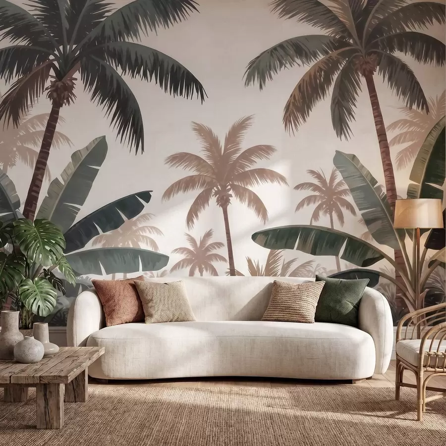 wall murals Tropical palm trees in a soft vintage palette with a misty morning atmosphere w09884