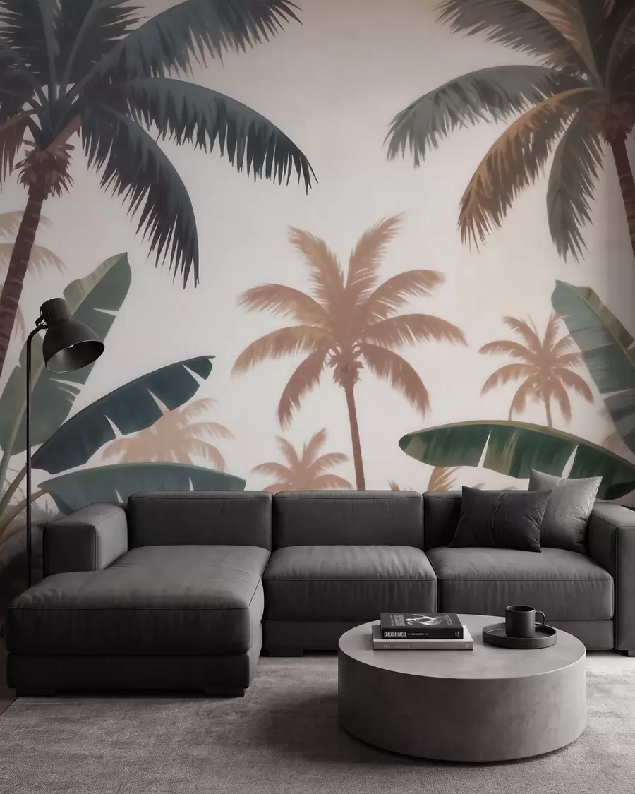 wall murals Tropical palm trees in a soft vintage palette with a misty morning atmosphere w09884
