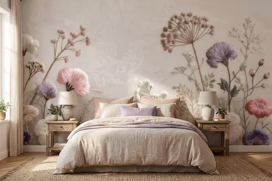 wall murals Three-dimensional wildflowers with a handcrafted embroidery effect in a pastel palette w09874