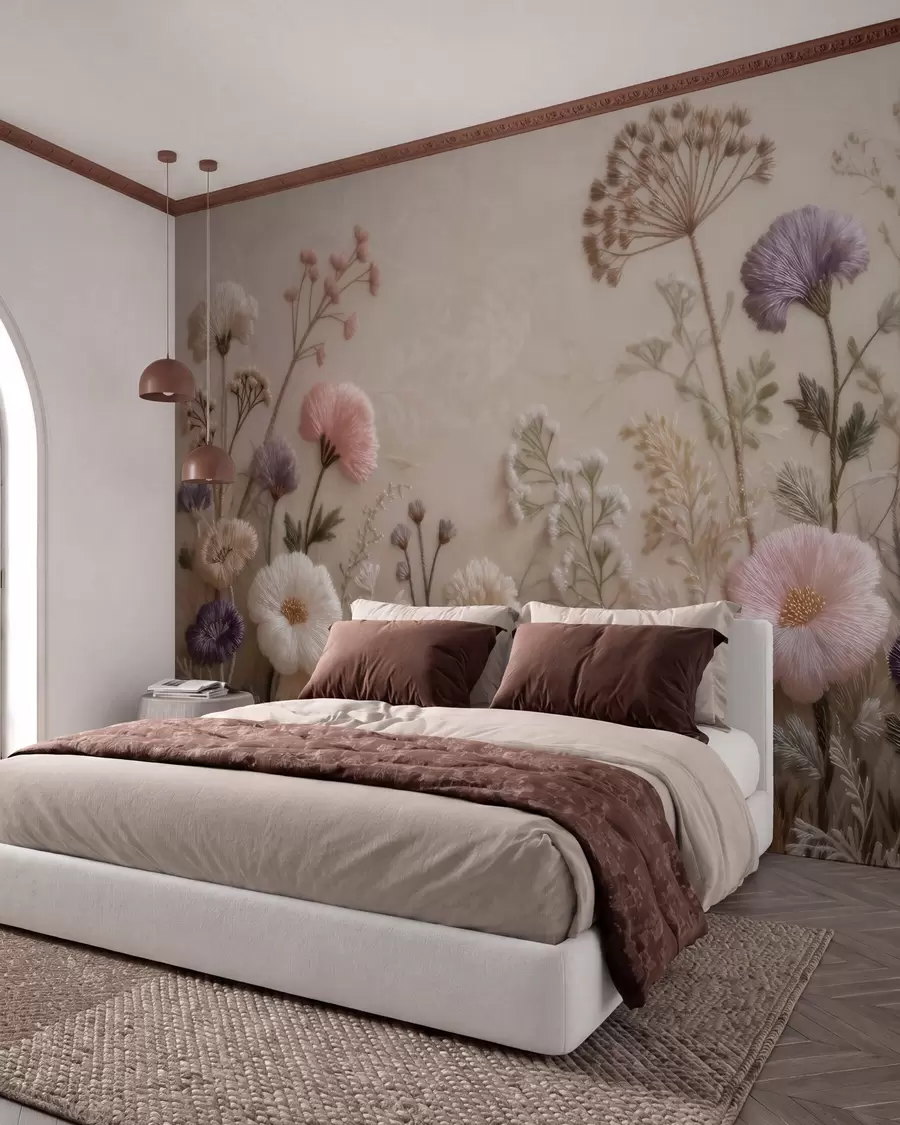 wall murals Three-dimensional wildflowers with a handcrafted embroidery effect in a pastel palette w09874