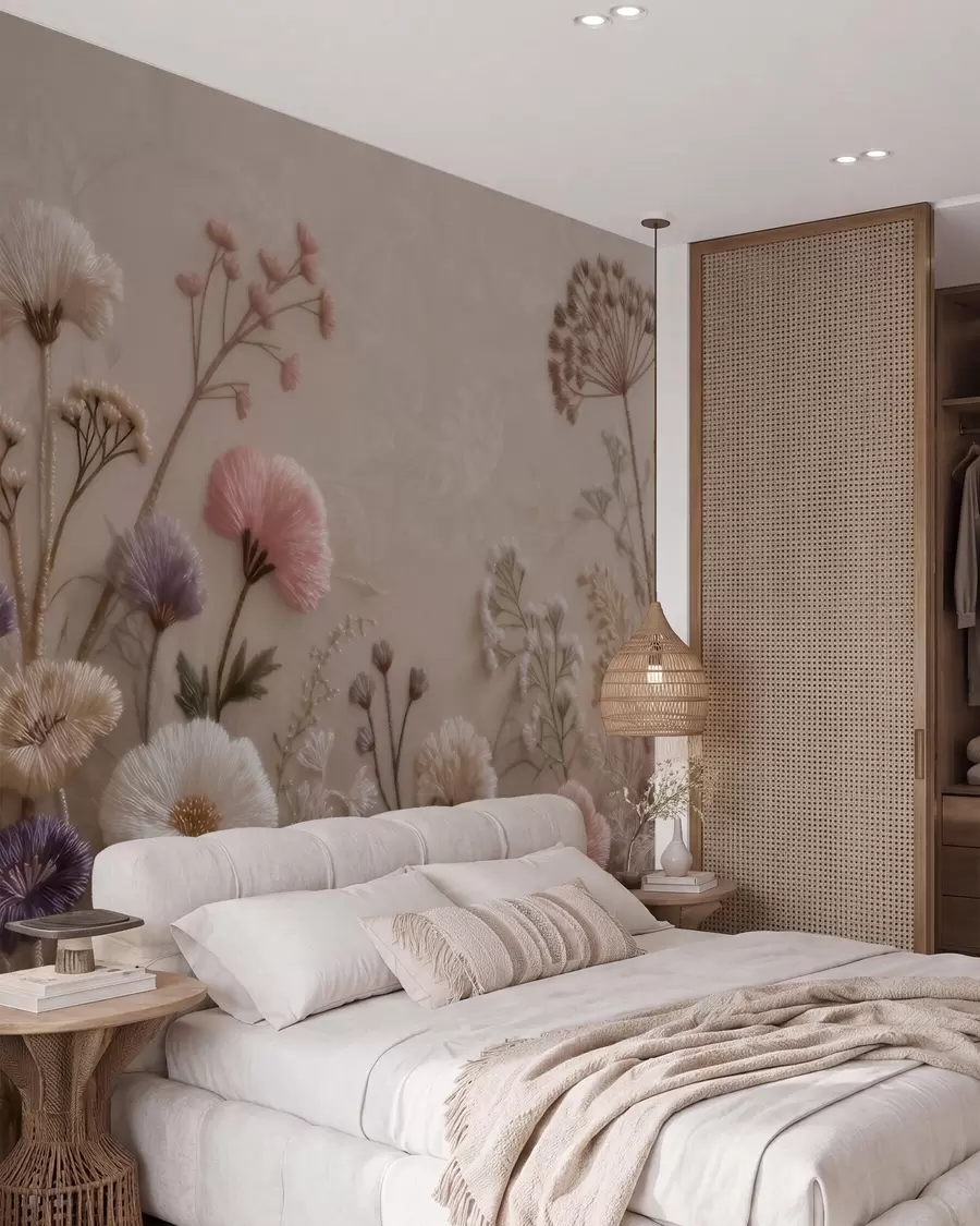 wall murals Three-dimensional wildflowers with a handcrafted embroidery effect in a pastel palette w09874