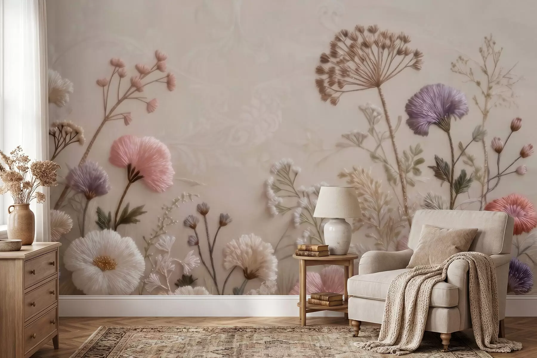 wall murals Three-dimensional wildflowers with a handcrafted embroidery effect in a pastel palette w09874