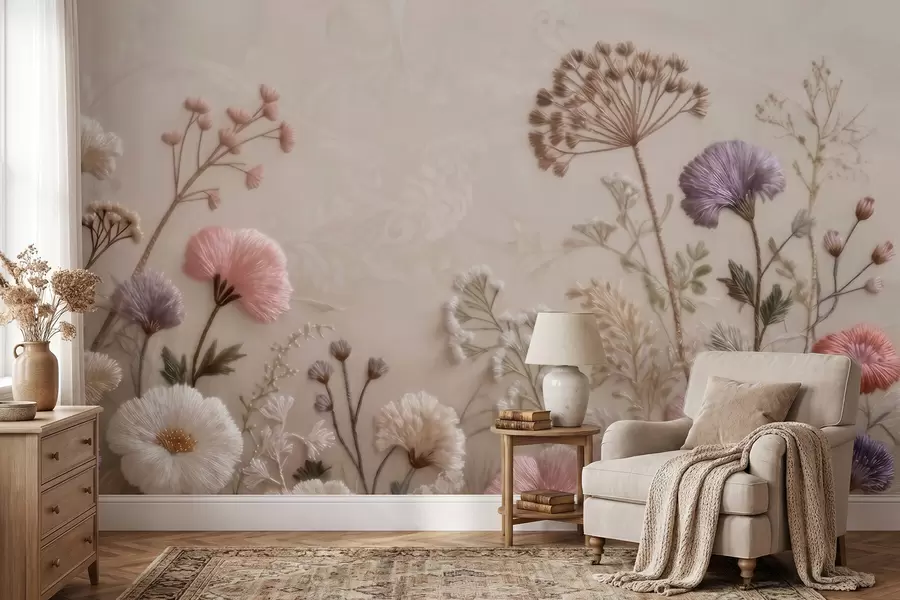 wall murals Three-dimensional wildflowers with a handcrafted embroidery effect in a pastel palette w09874