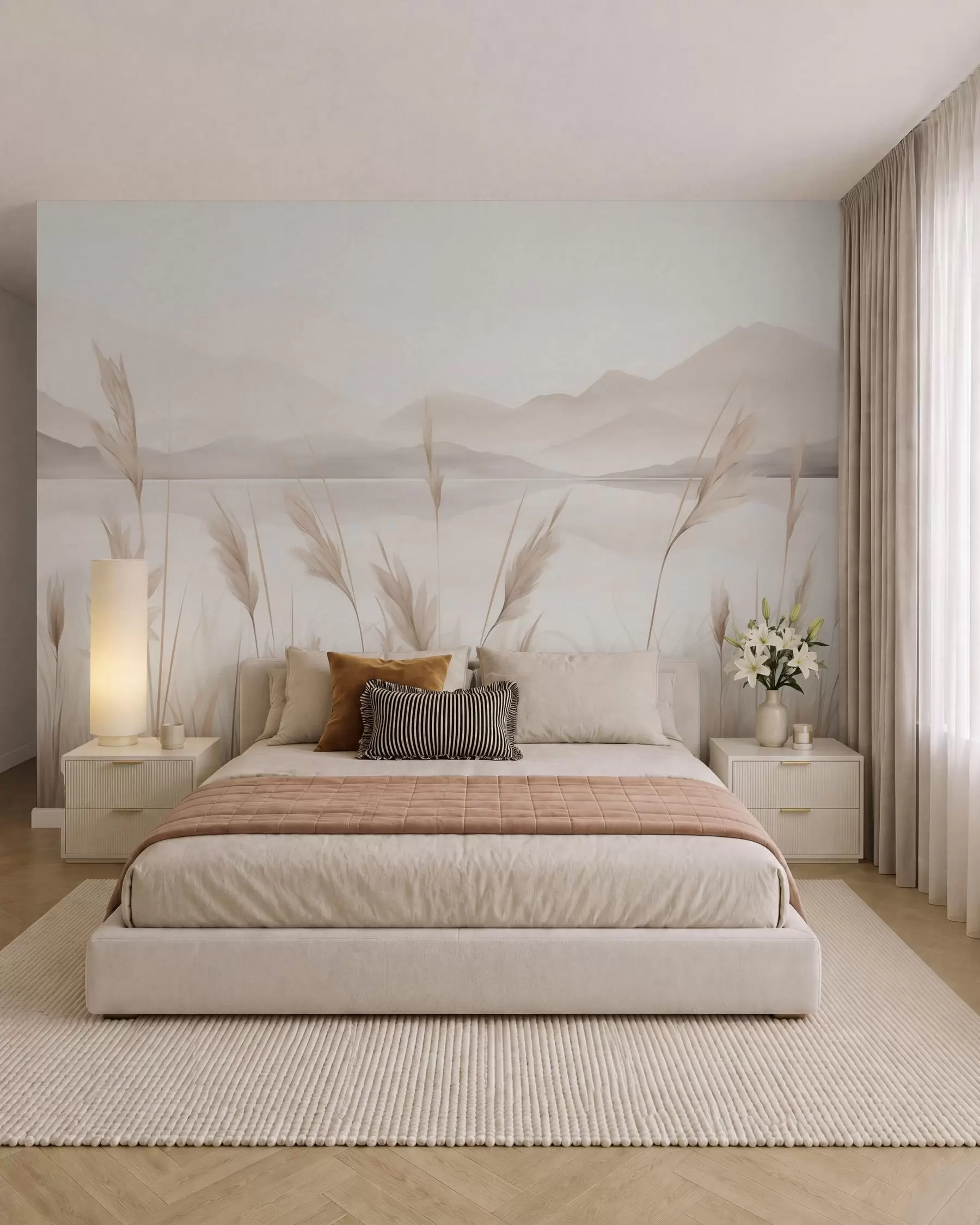 wall murals Reeds near a lake with mountains in the background, imitation of painting w05704