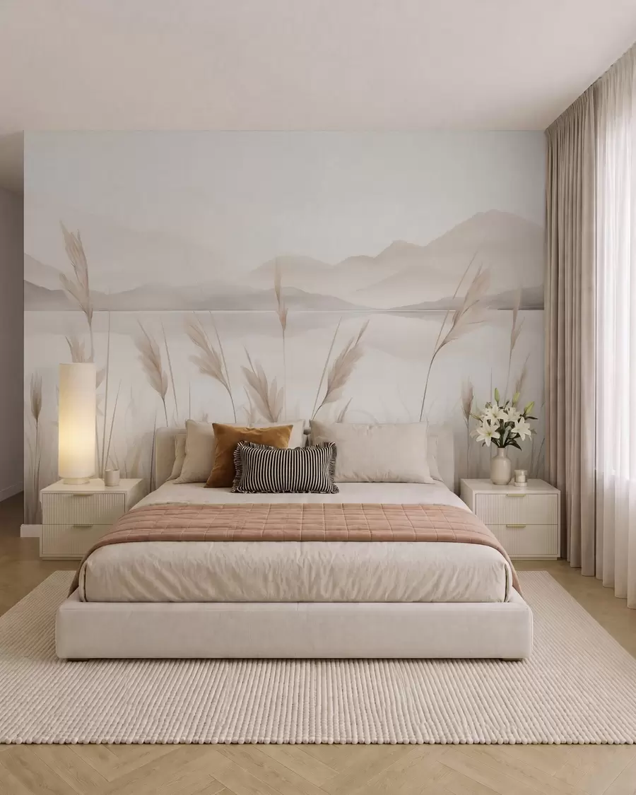 wall murals Reeds near a lake with mountains in the background, imitation of painting w05704