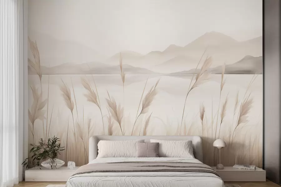 wall murals Reeds near a lake with mountains in the background, imitation of painting w05704