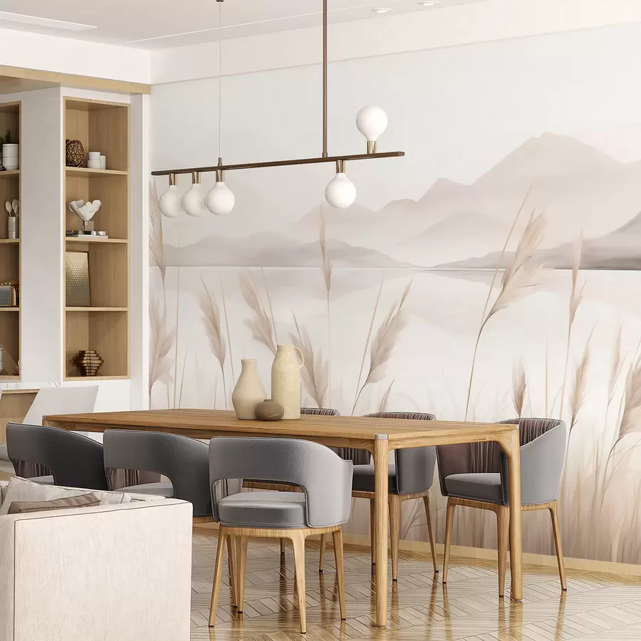wall murals Reeds near a lake with mountains in the background, imitation of painting w05704