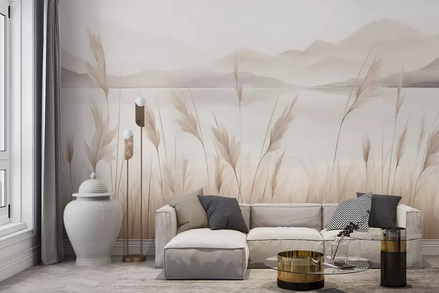 wall murals Reeds near a lake with mountains in the background, imitation of painting w05704