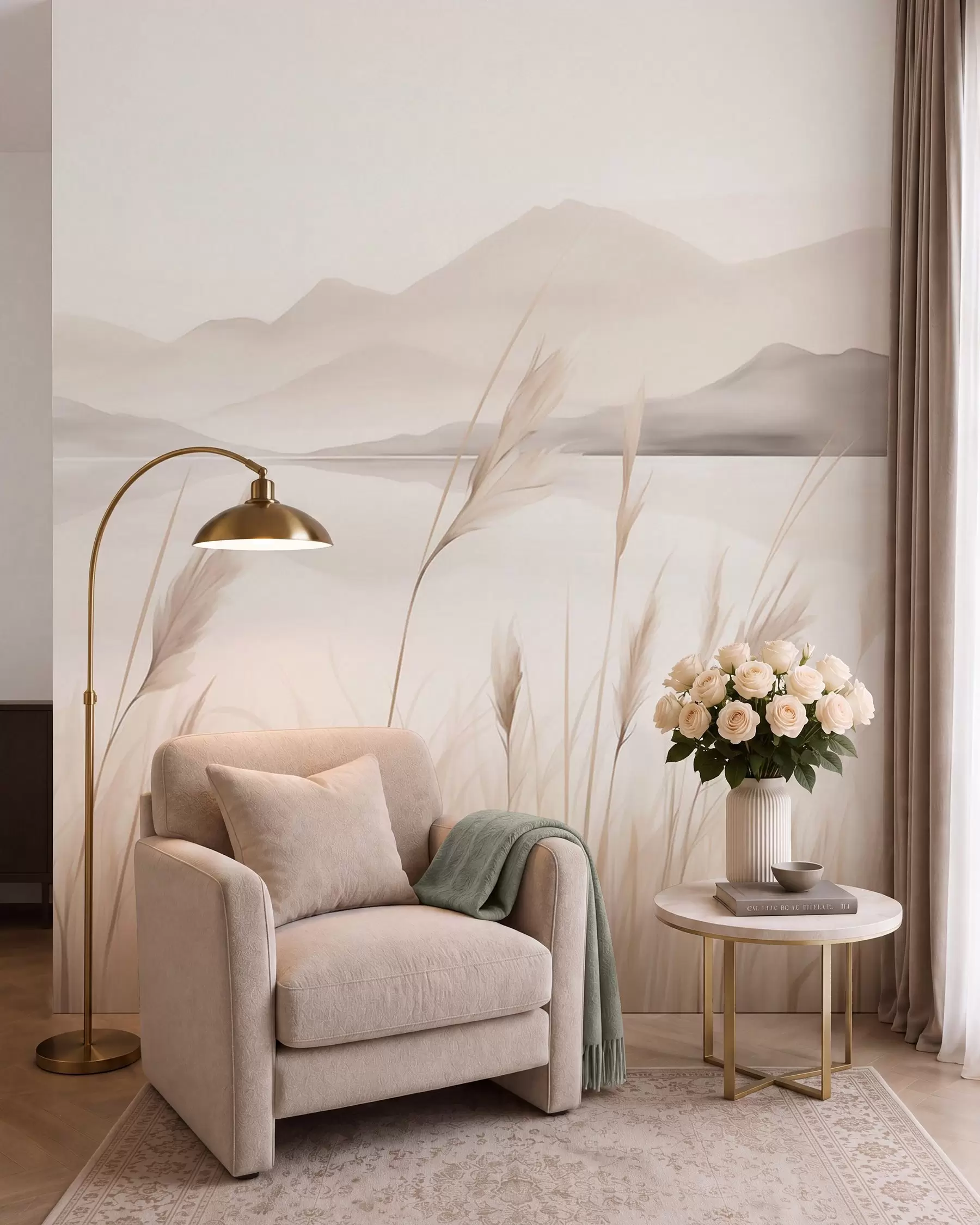 wall murals Reeds near a lake with mountains in the background, imitation of painting w05704