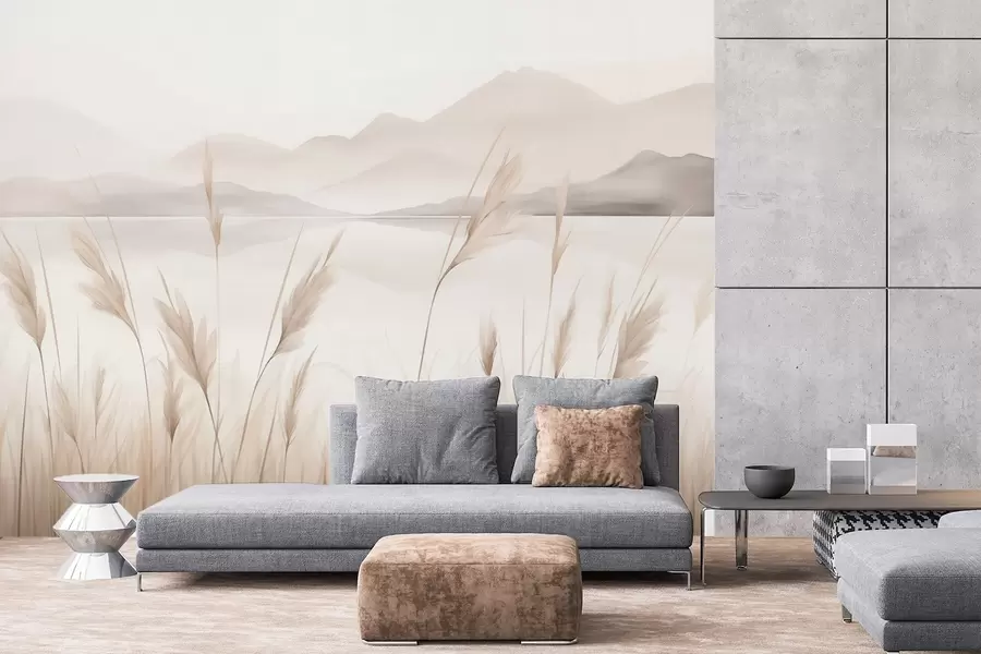 wall murals Reeds near a lake with mountains in the background, imitation of painting w05704