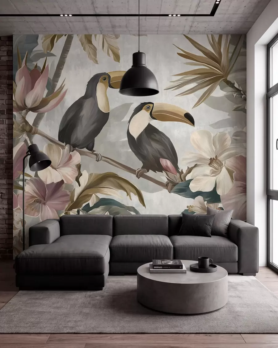 wall murals a pair of toucans amidst tropical flowers and leaves w05657