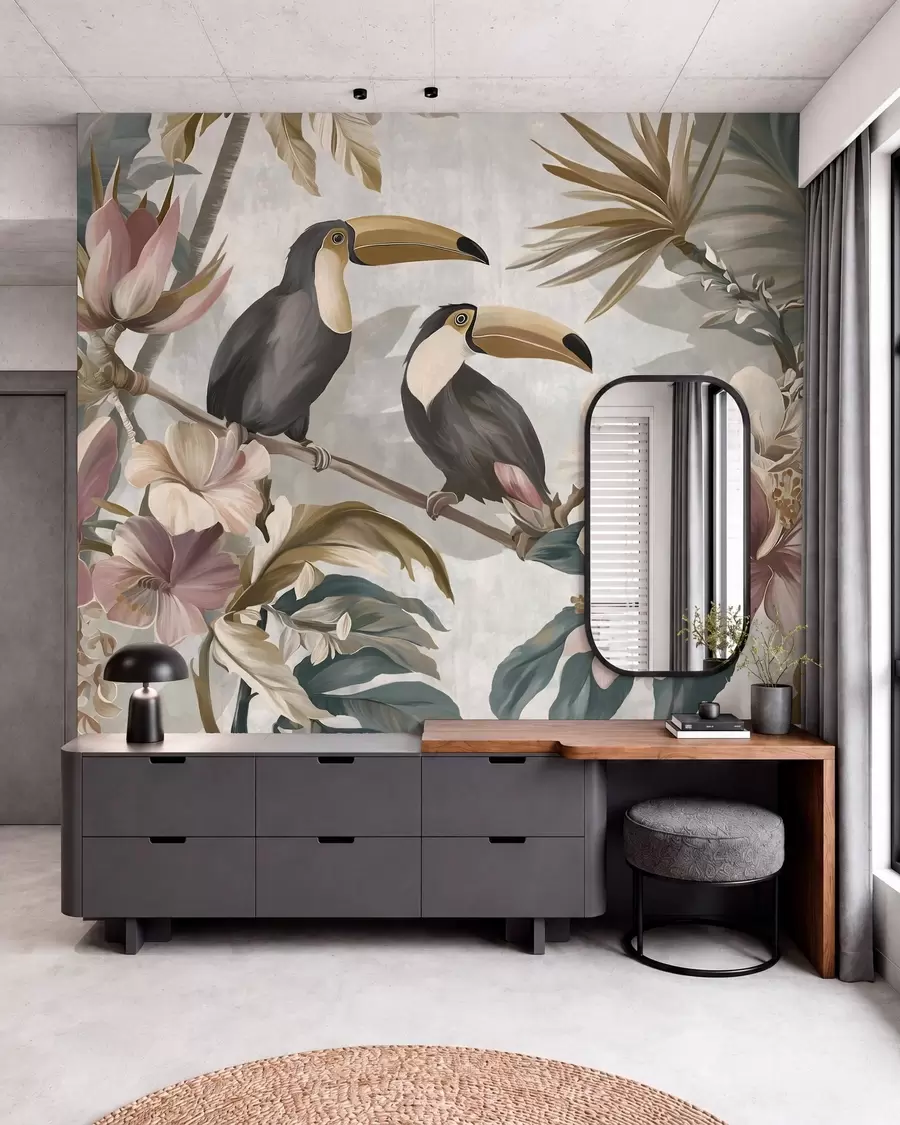 wall murals a pair of toucans amidst tropical flowers and leaves w05657