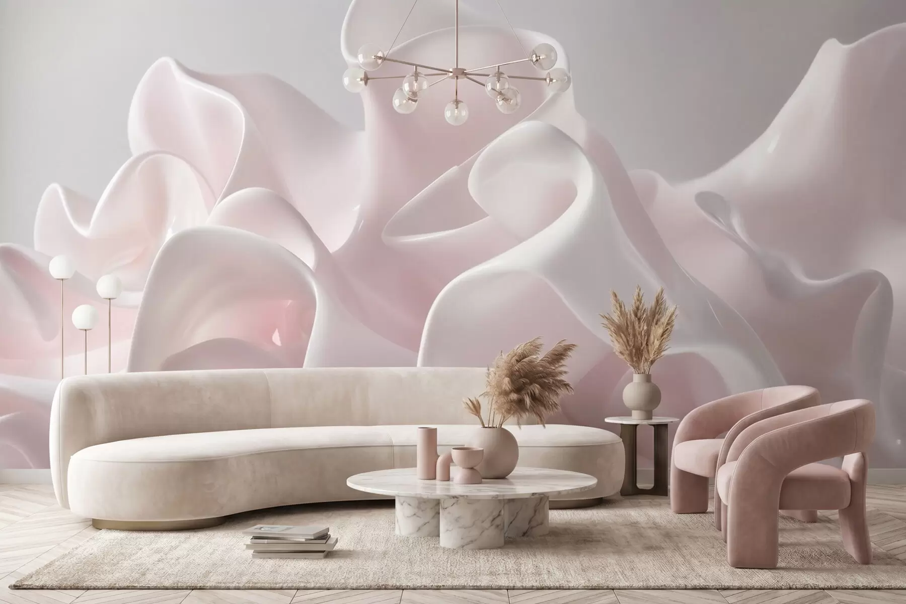 wall murals Airy silk waves in soft blush pink tones w09858