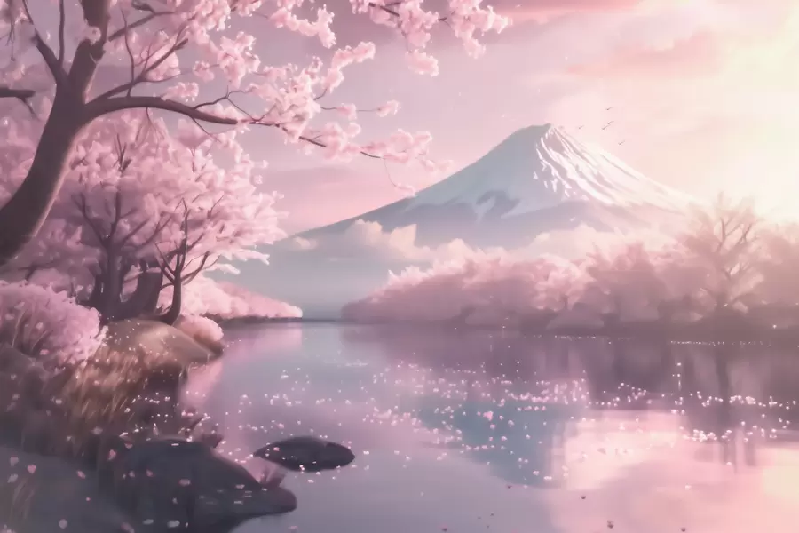 wall murals Serene Japanese landscape with cherry blossoms and a mountain lake at sunrise w09864