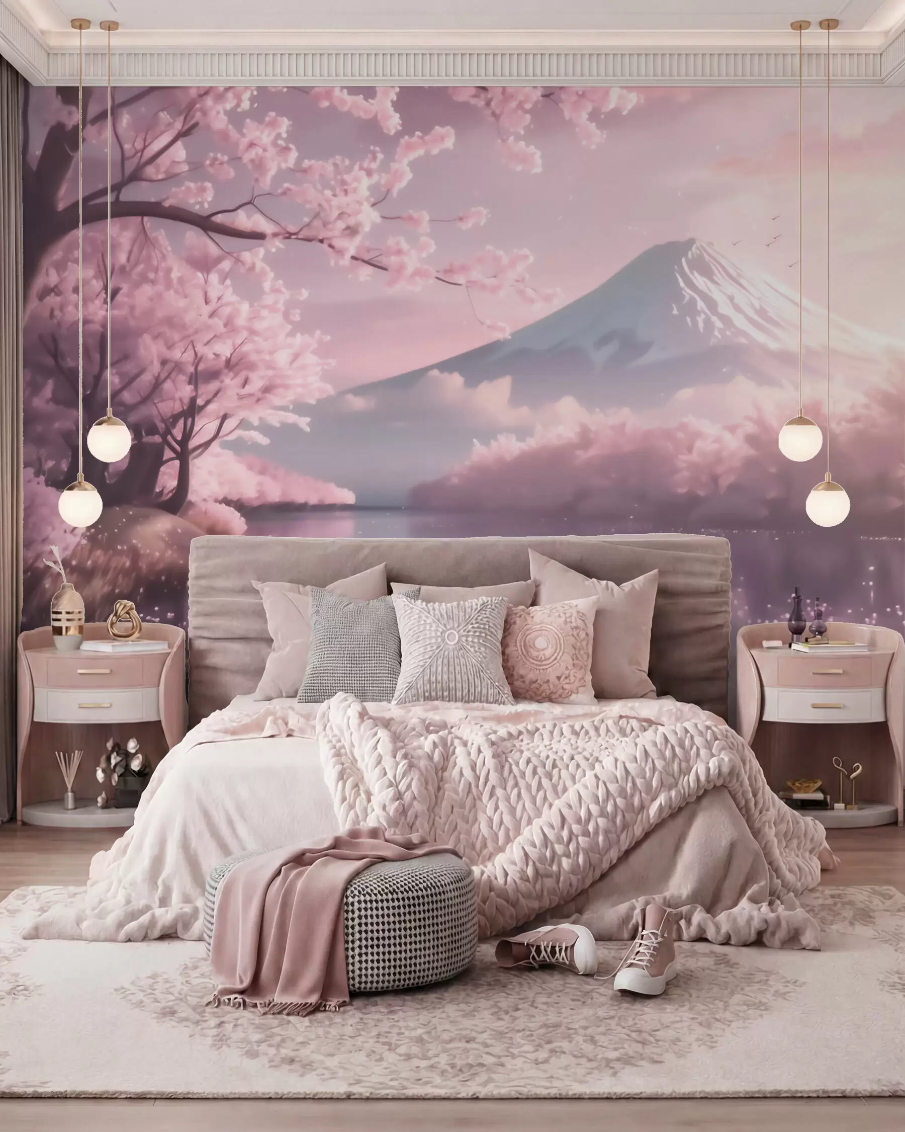 wall murals Serene Japanese landscape with cherry blossoms and a mountain lake at sunrise w09864