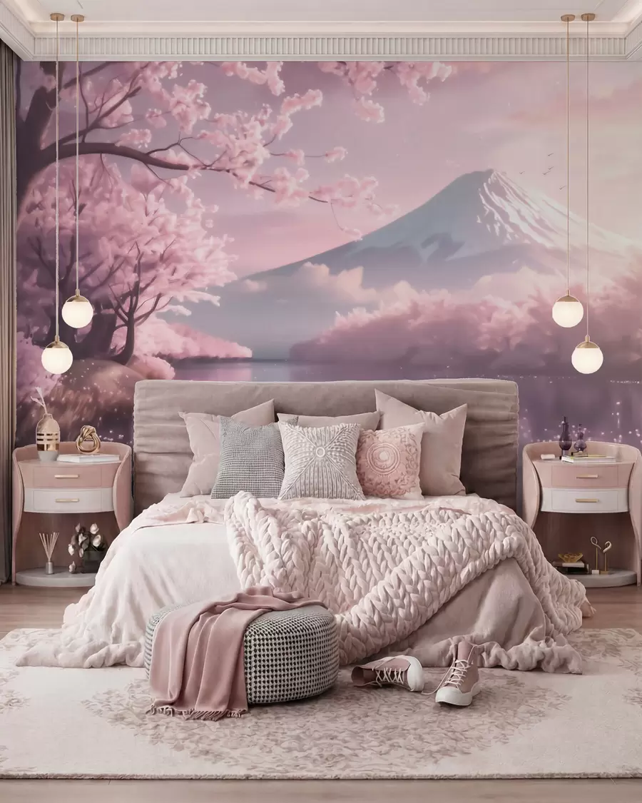 wall murals Serene Japanese landscape with cherry blossoms and a mountain lake at sunrise w09864
