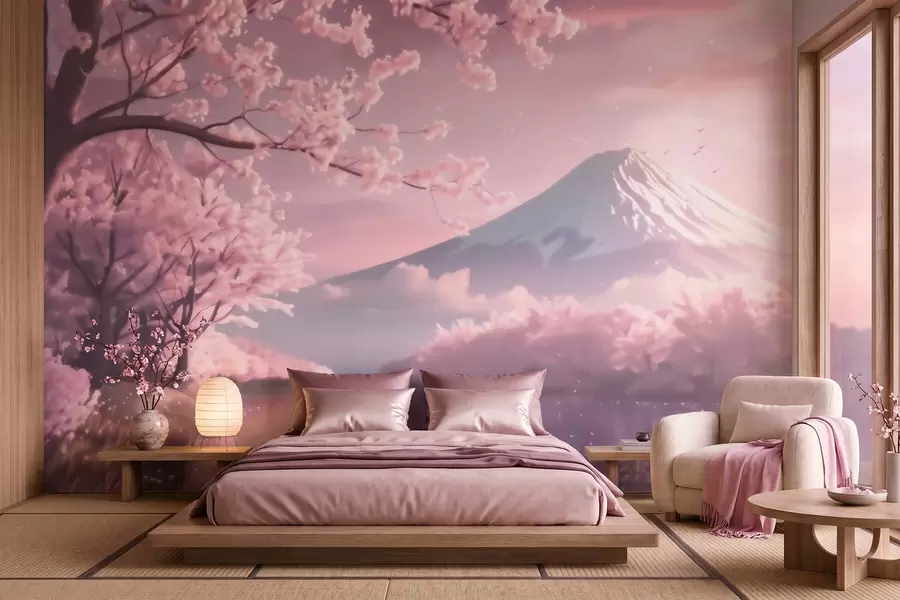 wall murals Serene Japanese landscape with cherry blossoms and a mountain lake at sunrise w09864