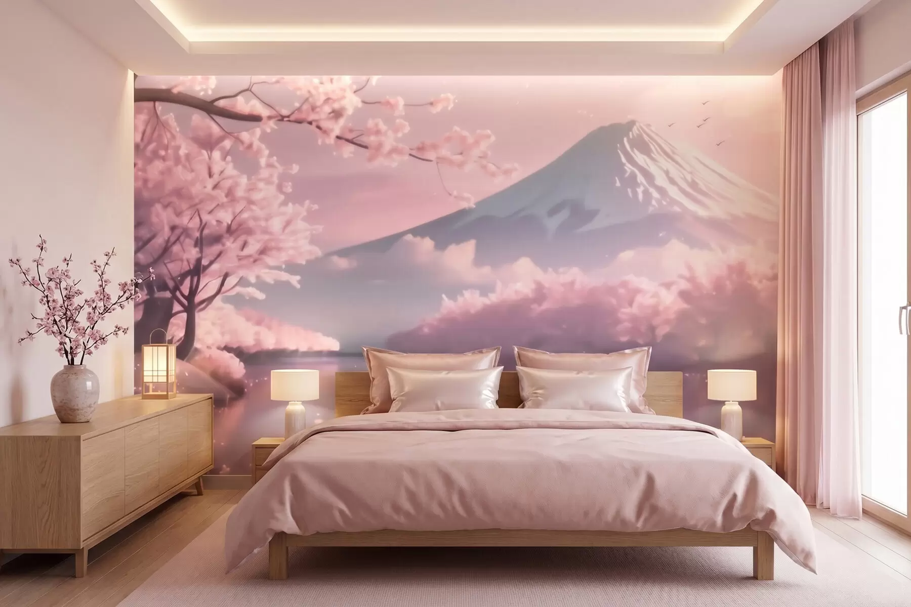 wall murals Serene Japanese landscape with cherry blossoms and a mountain lake at sunrise w09864