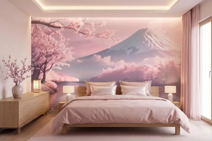 wall murals Serene Japanese landscape with cherry blossoms and a mountain lake at sunrise w09864