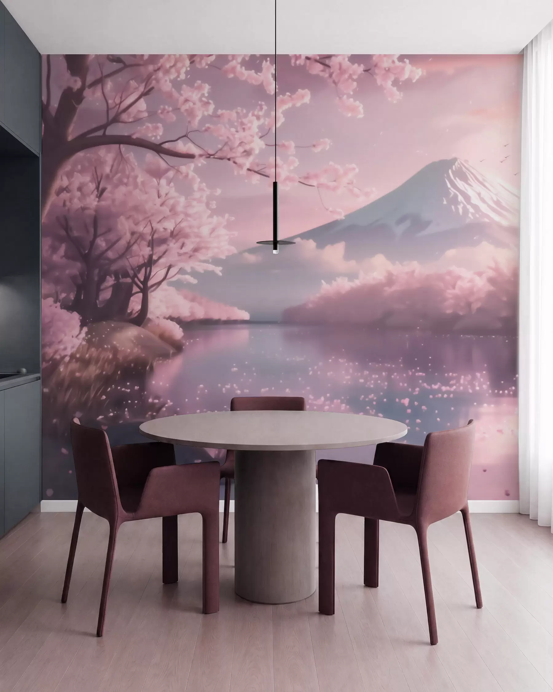 wall murals Serene Japanese landscape with cherry blossoms and a mountain lake at sunrise w09864