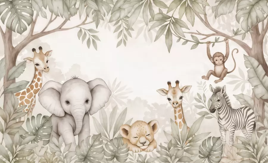 wall murals Adorable safari animals among tropical foliage in a watercolor style w09885
